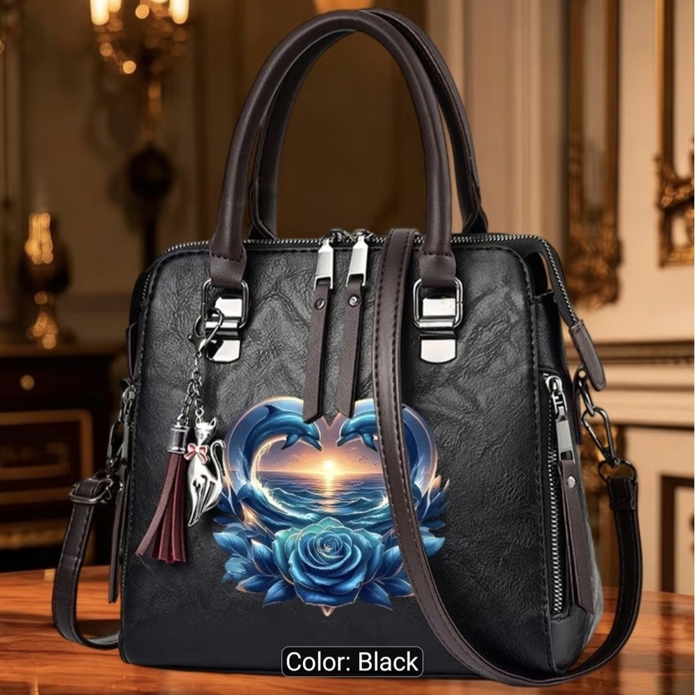 Black Satchel Top Handle Bag Zip Closure Rose Print Silver Hardware Brown Strap